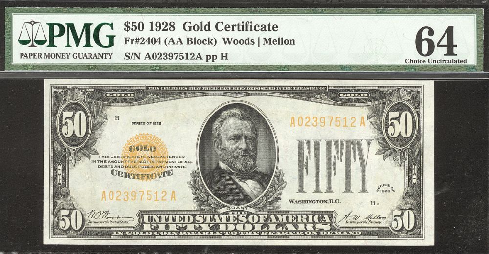 Fr.2404, 1928 $50 Gold Certificate,  vChCU, PMG-64, A02397512A